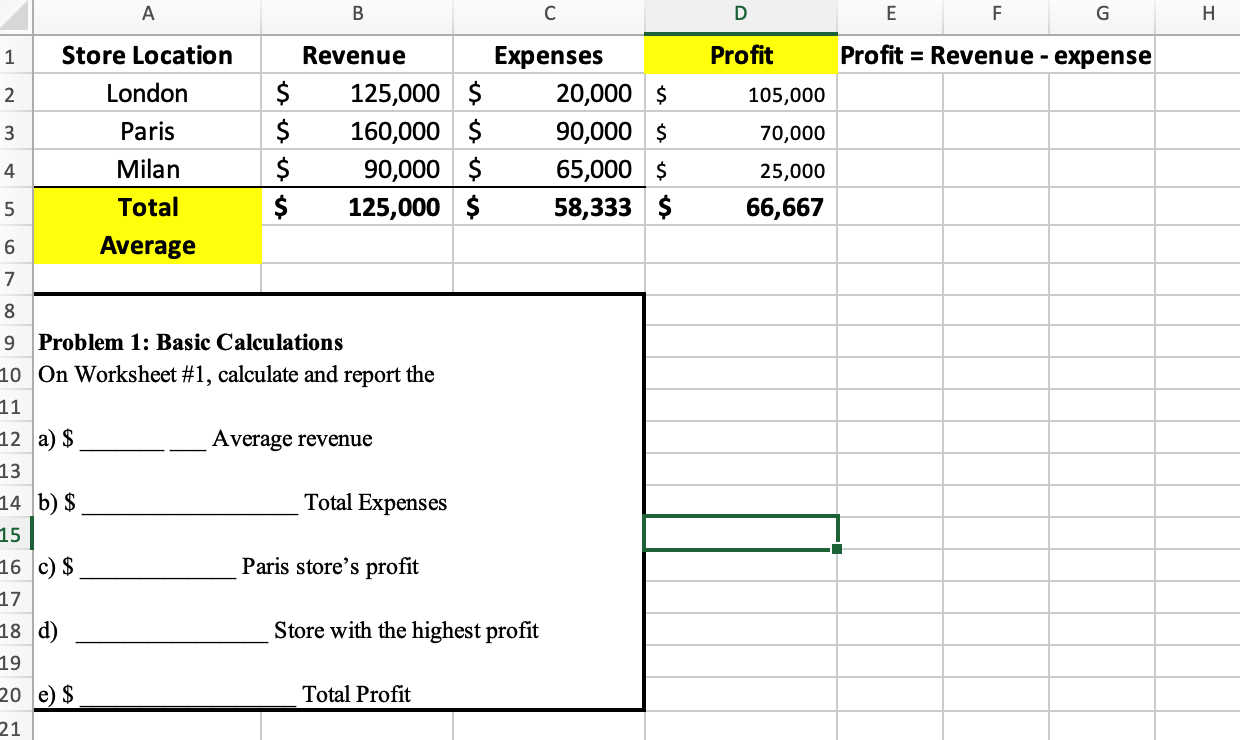 Solved A B с D E F. G I Н. 1 Profit Profit = Revenue - | Chegg.com