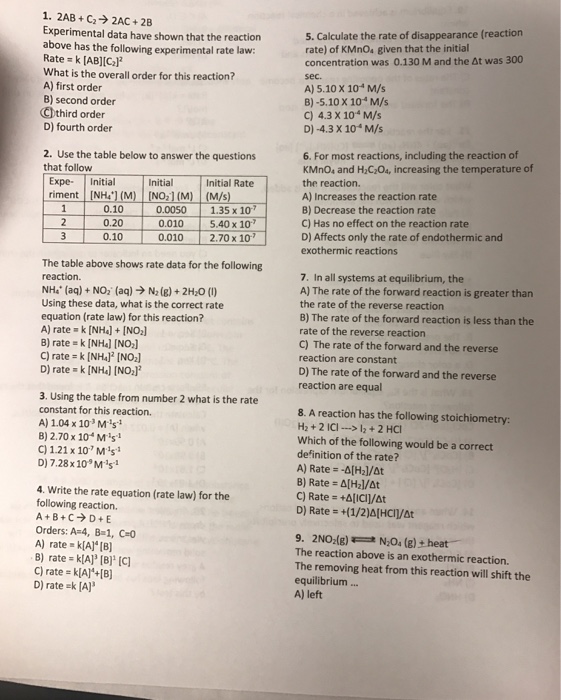 Solved 2AB + C_2 rightarrow 2AC + 2B Experimental data have | Chegg.com