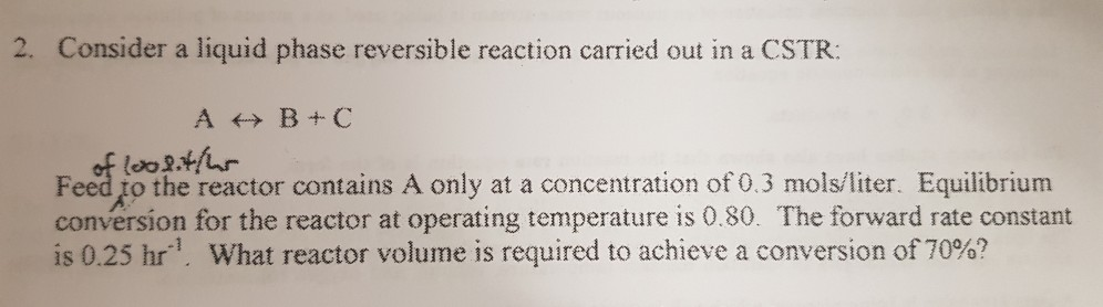 Solved 2. Consider a liquid phase reversible reaction | Chegg.com