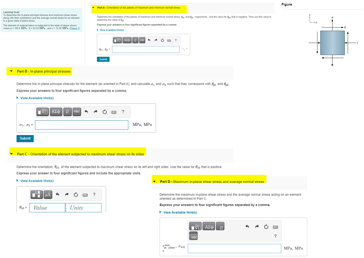 Solved Determine The In-plane Principal Stresses For The | Chegg.com