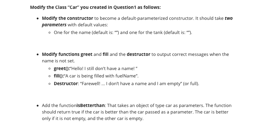 Solved Modify the Class "Car" you created in Question 1 as | Chegg.com