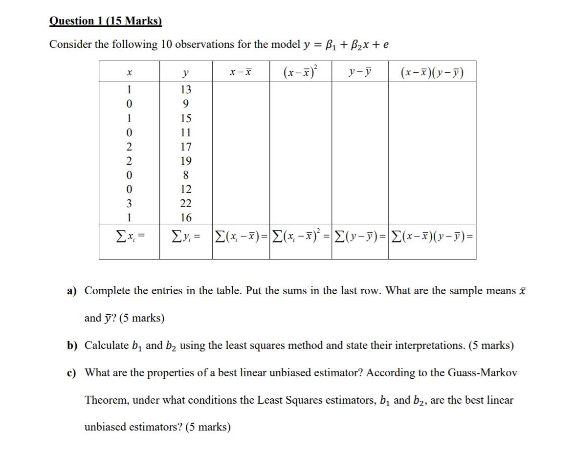 Solved Question 1 (15 Marks) Consider the following 10 | Chegg.com