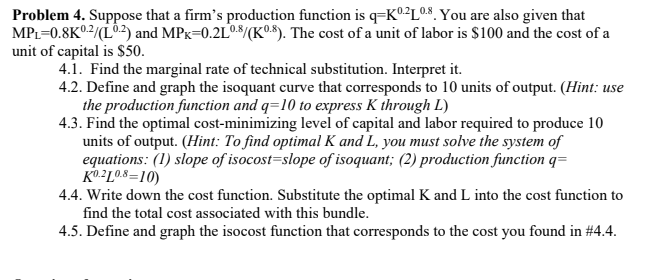 Solved Problem 4. Suppose that a firm's production function | Chegg.com