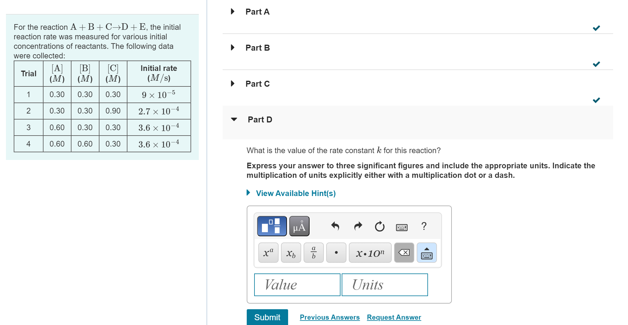 Solved For The Reaction A+B+C→D+E, The Initial Reaction Rate | Chegg.com