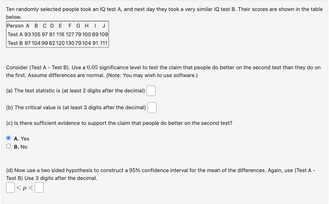 Solved Ten Randomly Selected People Took An IQ Test A, And | Chegg.com