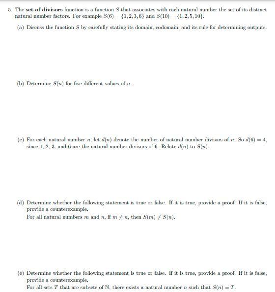 Solved 5. The Set Of Divisors Function Is A Function That | Chegg.com