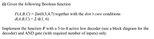 Solved (i) Given The Following Boolean Function F(A,B,C) = | Chegg.com