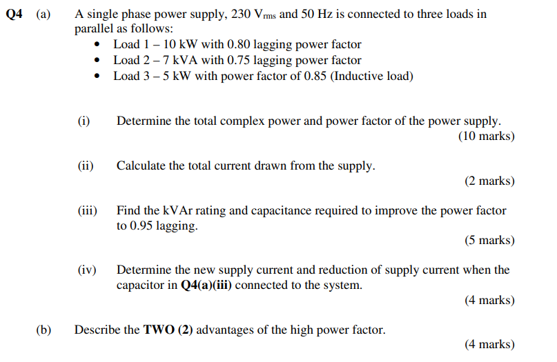 Solved (a) A single phase power supply, 230 Vrms and 50 Hz | Chegg.com