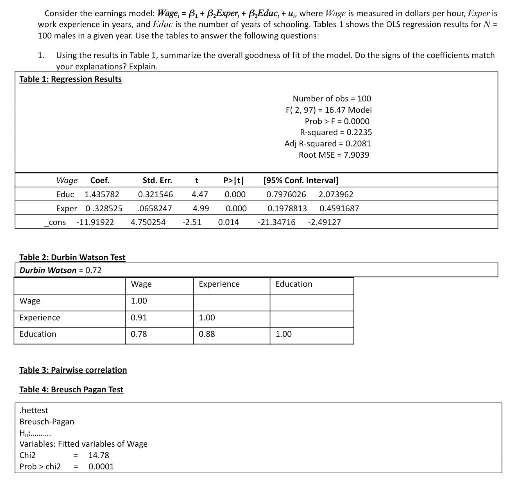 Solved Consider The Earnings Model: Wage; = B1 + B Exper, + | Chegg.com