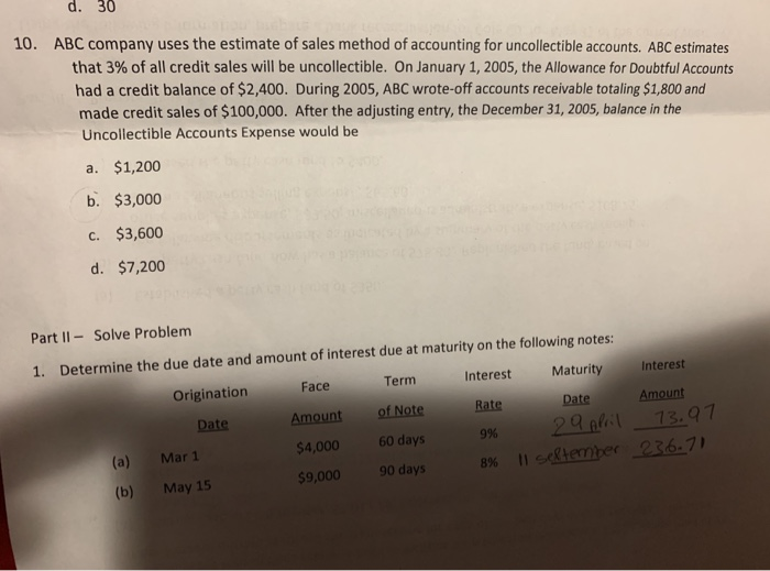 Solved D. 30 10. ABC Company Uses The Estimate Of Sales | Chegg.com