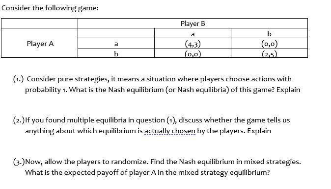 Solved Consider The Following Game: Player B A Player A A | Chegg.com