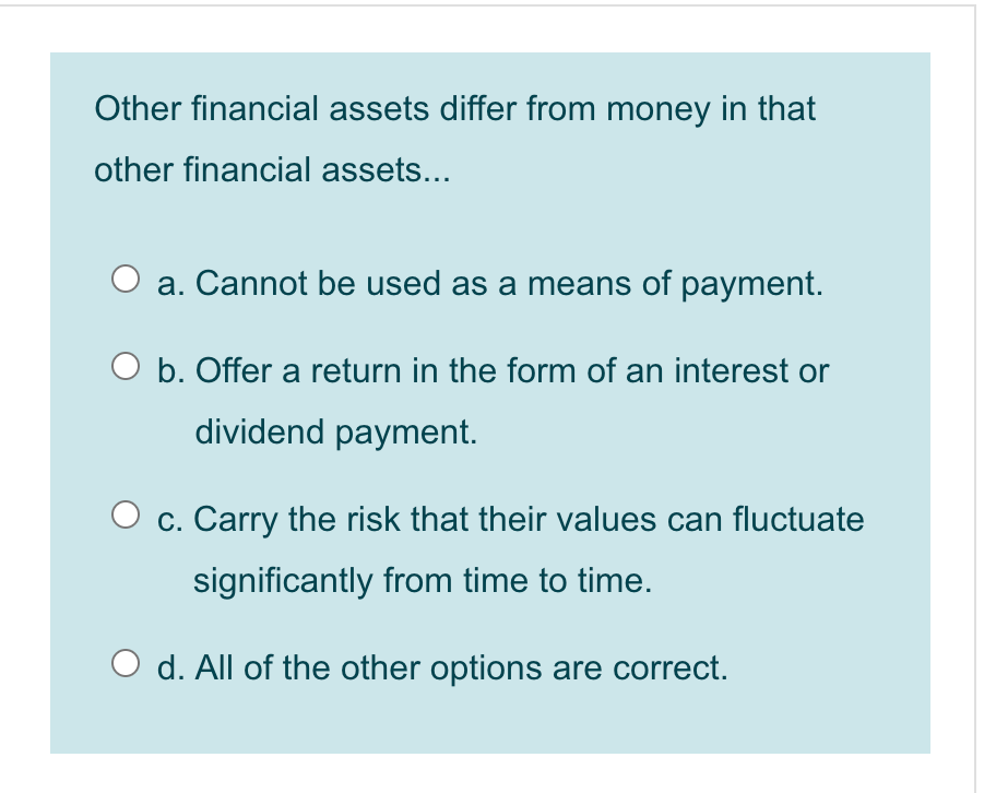 Solved Other financial assets differ from money in that | Chegg.com