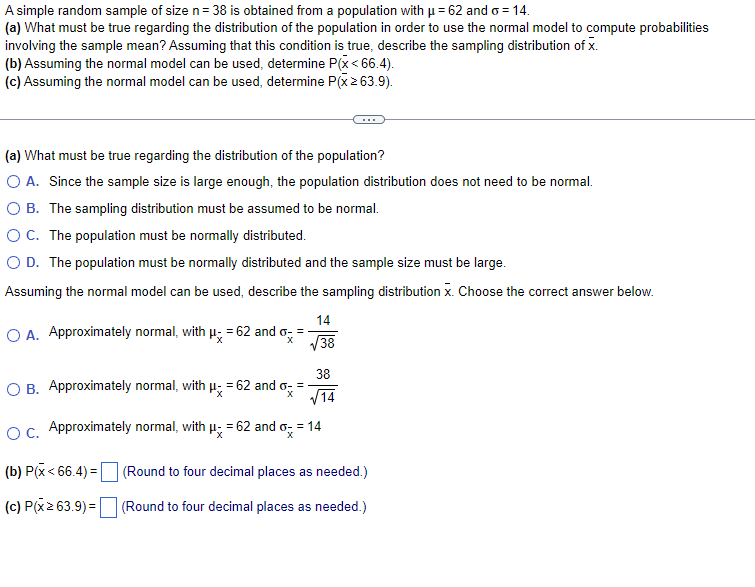 Solved A simple random sample of size n=38 is obtained from | Chegg.com