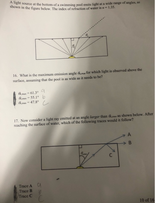 Solved A light source at the bottom of a swimming pool emits | Chegg.com