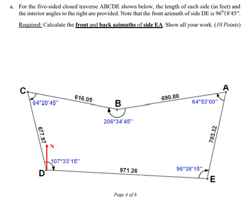 Solved 4. For the five-sided closed traverse ABCDE shown | Chegg.com