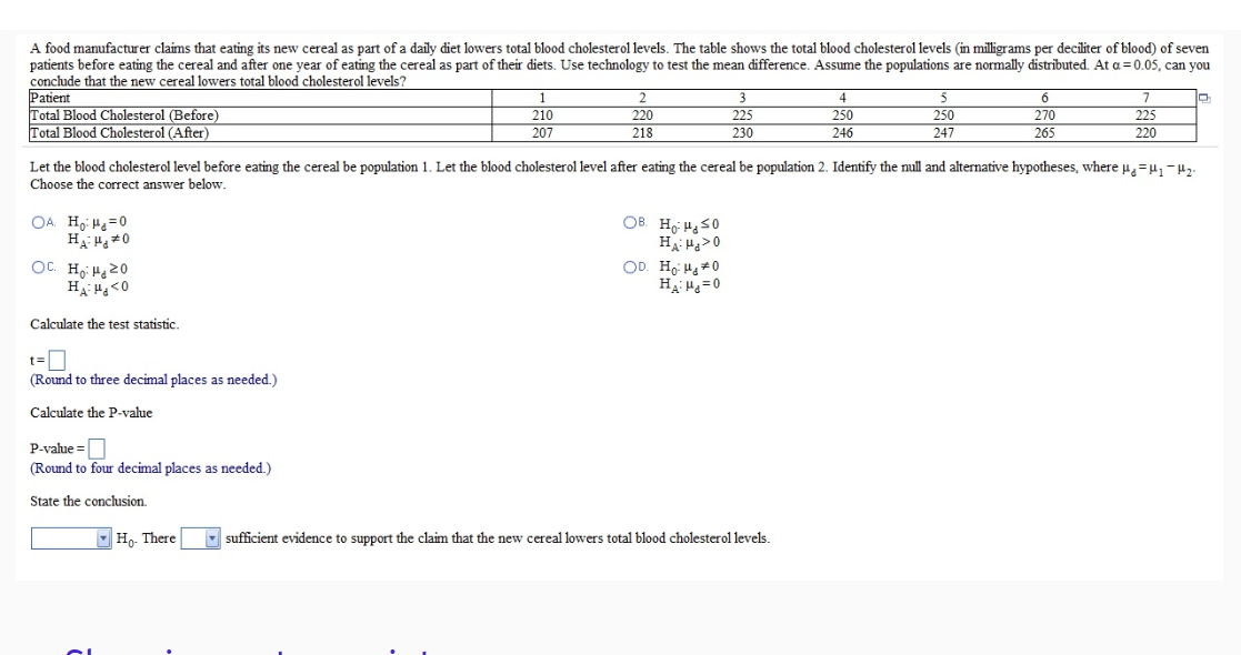 Solved conclude that the new cereal lowers total blood | Chegg.com