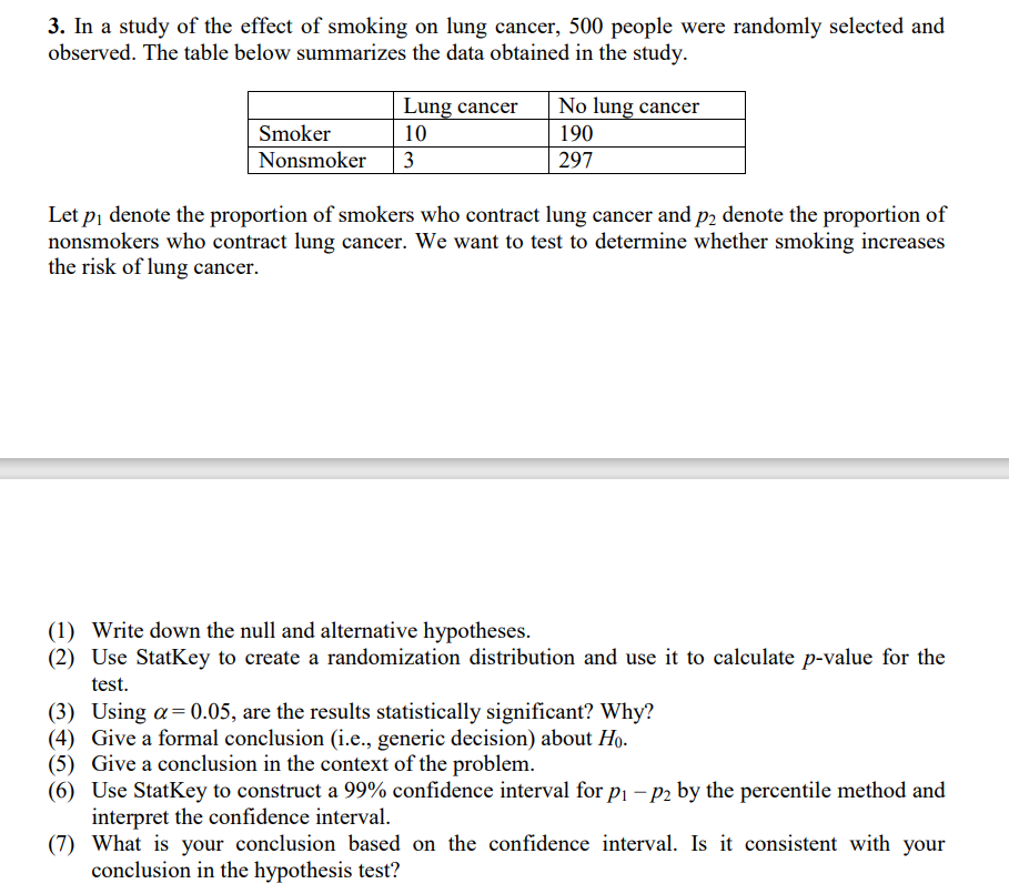 hypothesis for cigarette smoking increases the risk of lung cancer Solved 3. In a study of the effect of smoking on lung
