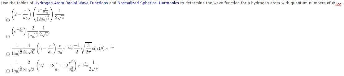 Use the tables of Hydrogen Atom Radial Wave Functions | Chegg.com