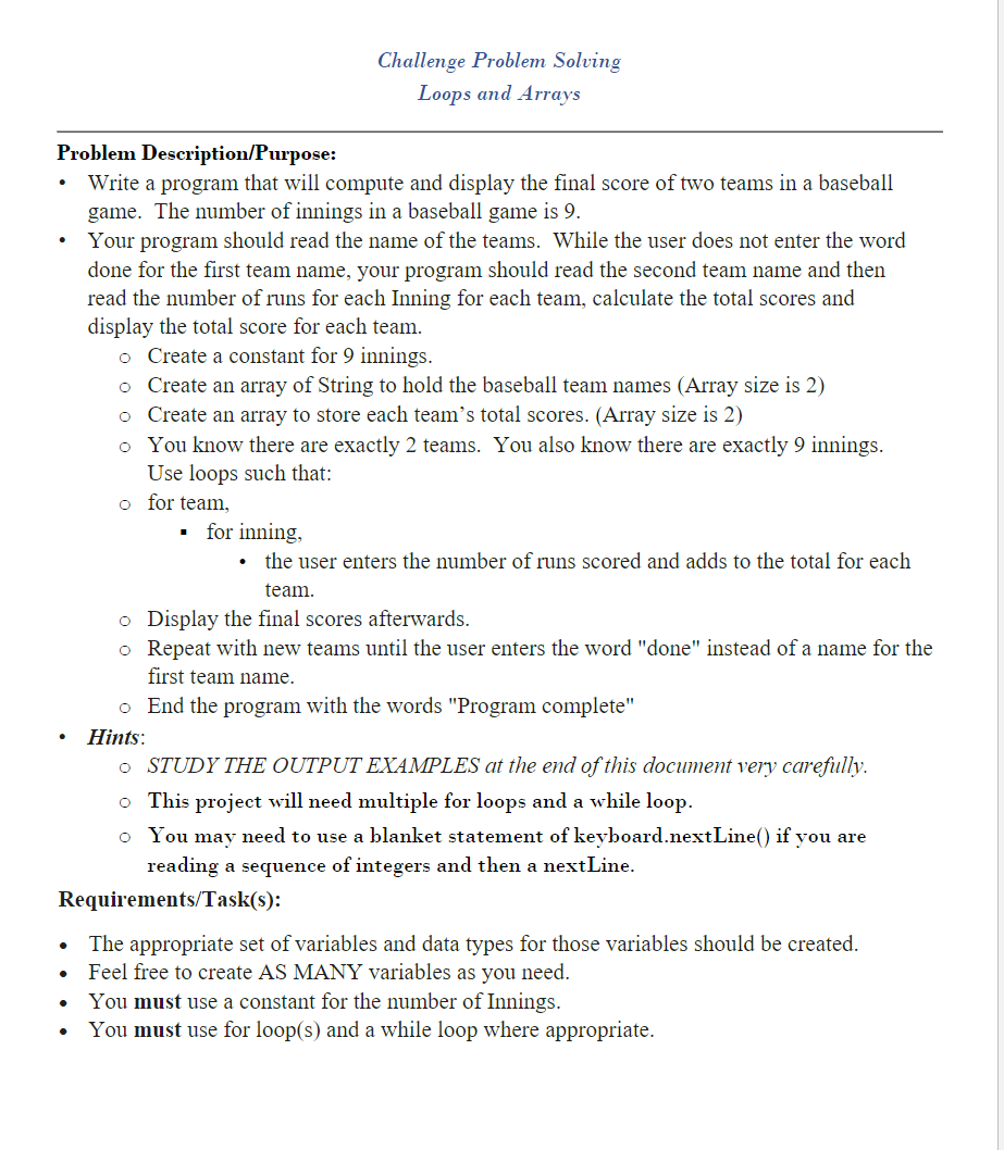 Solved Challenge Problem Solving Loops and Arrays Problem | Chegg.com
