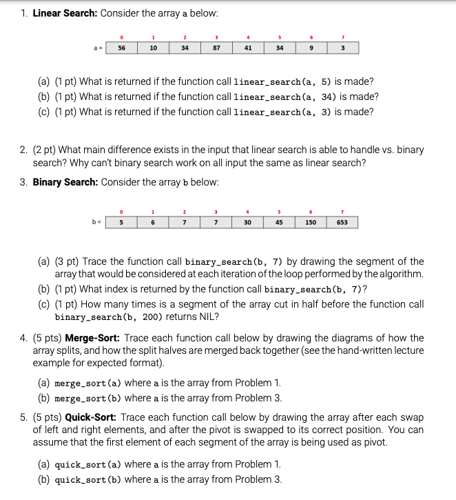 Solved 1. Linear Search: Consider the array a below: (a) (1 | Chegg.com