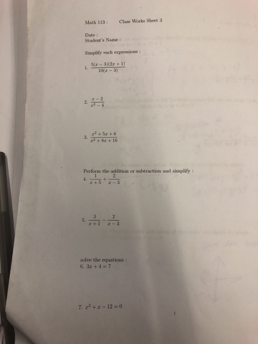Solved Math 113: Class Works Sheet 3 Date : Student's Name : | Chegg.com