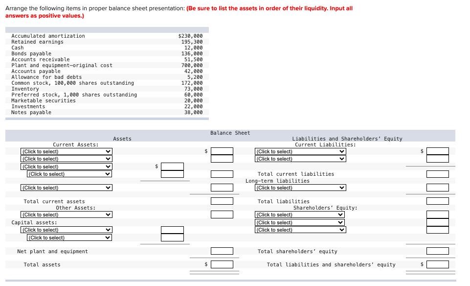 Solved Arrange The Following Items In Proper Balance Sheet | Chegg.com