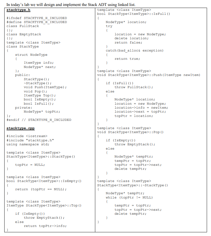 Solved In today's lab we will design and implement the Stack | Chegg.com