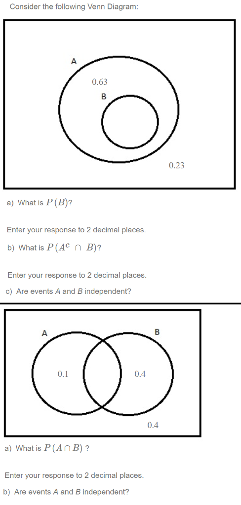 Solved Consider the following Venn Diagram 0.63 0.23 a) What | Chegg.com