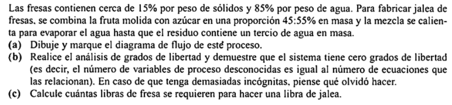 Las fresas contienen cerca de \( 15 \% \) por peso de sólidos y \( 85 \% \) por peso de agua. Para fabricar jalea de fresas.