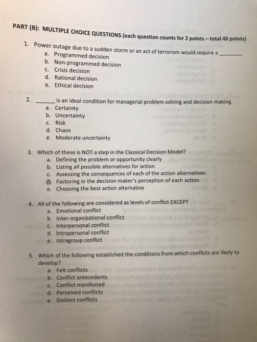 Solved PART (B): MULTIPLE CHOICE QUESTIONS (each Question | Chegg.com