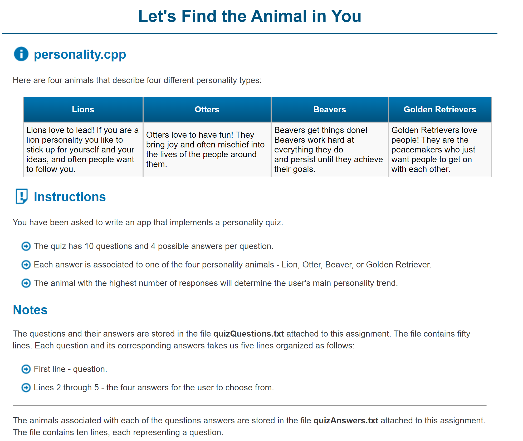 Solved (i) personality.cpp Here are four animals that | Chegg.com