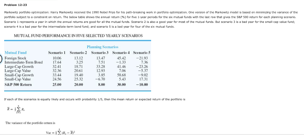 Solved Problem 12-23 Markowitz Portfolio Optimization: Harry | Chegg.com