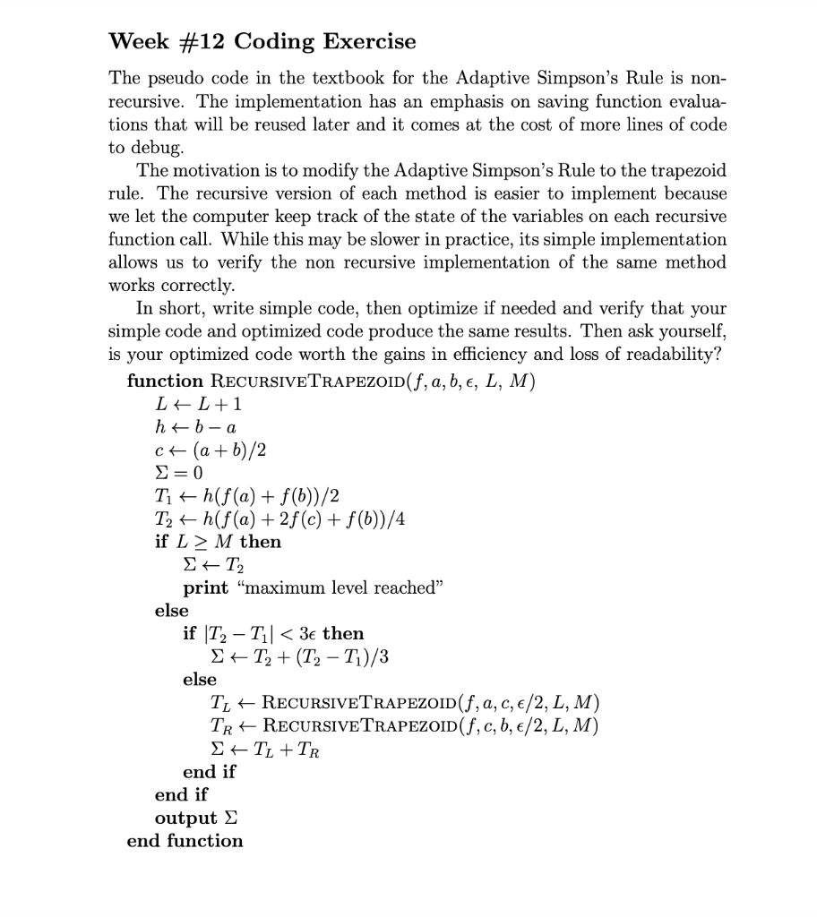 Solved Week \#12 Coding Exercise The pseudo code in the | Chegg.com