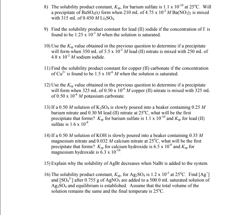 Solved 8) The solubility product constant, Ksp, for barium