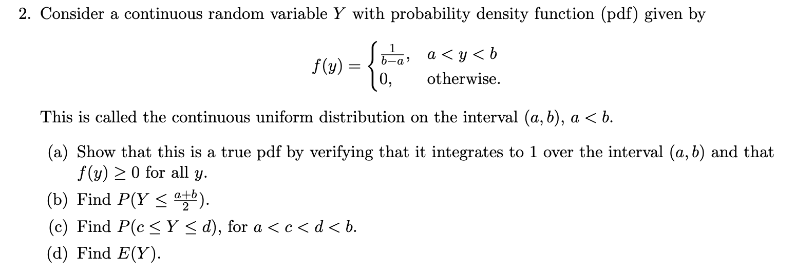 Solved 2. Consider a continuous random variable Y with | Chegg.com