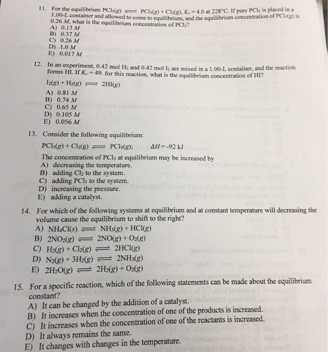 Solved For The Equilibrium Pcl 5(g) Pcl 3(g) + Cl 2(g) K C 