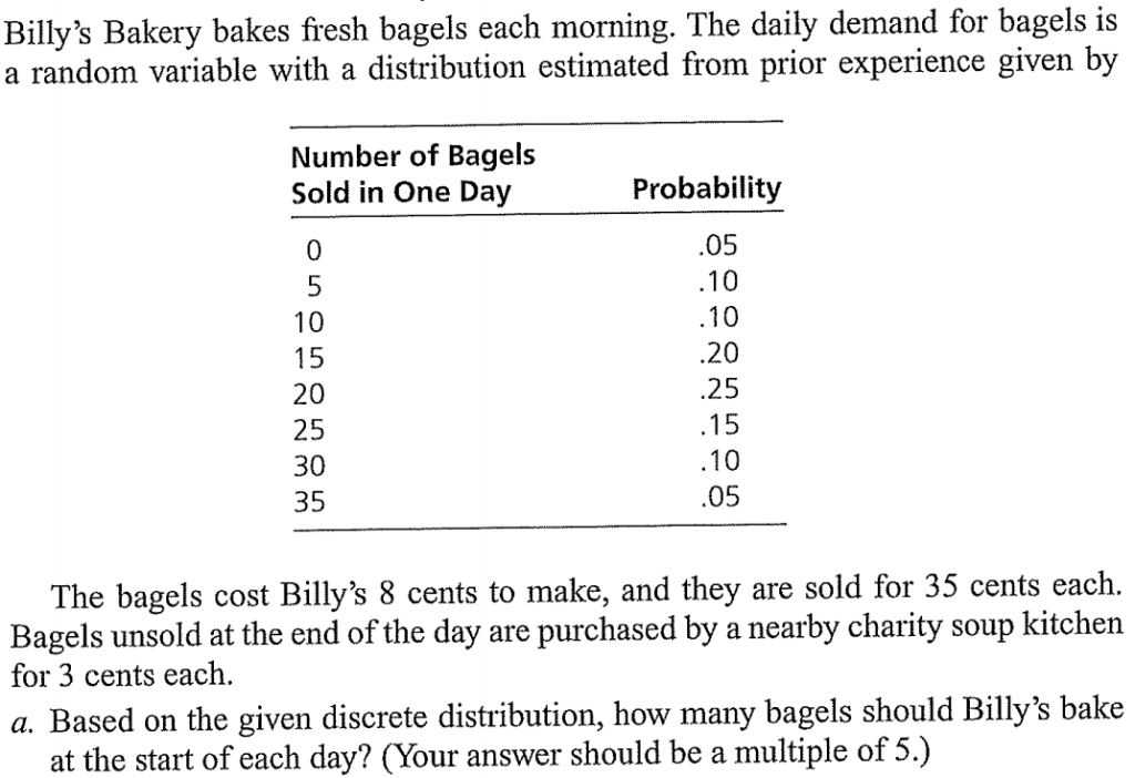 Solved Billy's Bakery Bakes Fresh Bagels Each Morning. The | Chegg.com