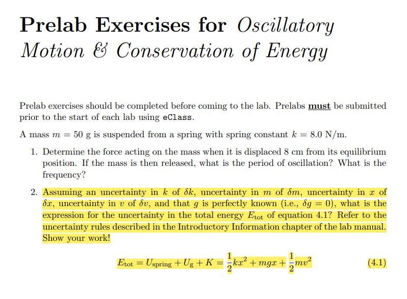 Solved Prelab Exercises for Oscillatory Motion \&