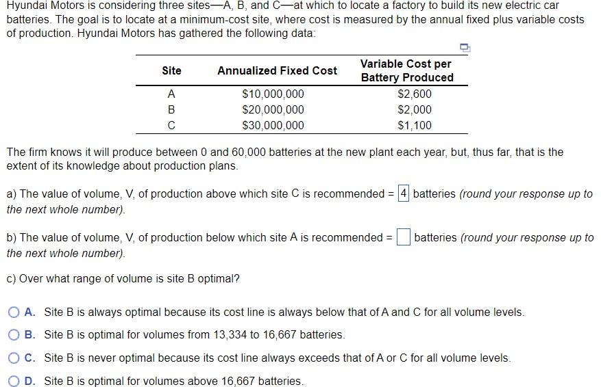 Solved Hyundai Motors is considering three sites-A, B, and | Chegg.com