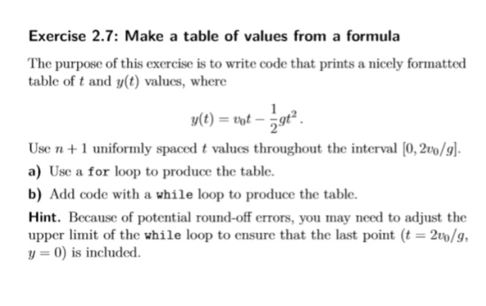 Solved Exercise 2.7: Make a table of values from a formula | Chegg.com
