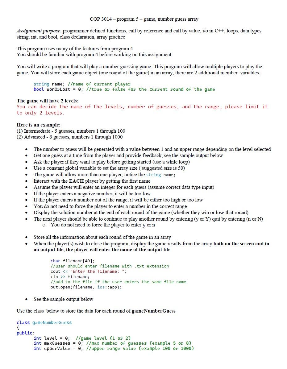 Solved COP 3014-program 5- game, number guess array | Chegg.com