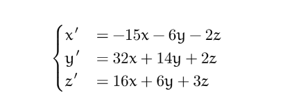 \( \left\{\begin{array}{l}x^{\prime}=-15 x-6 y-2 z \\ y^{\prime}=32 x+14 y+2 z \\ z^{\prime}=16 x+6 y+3 z\end{array}\right. \