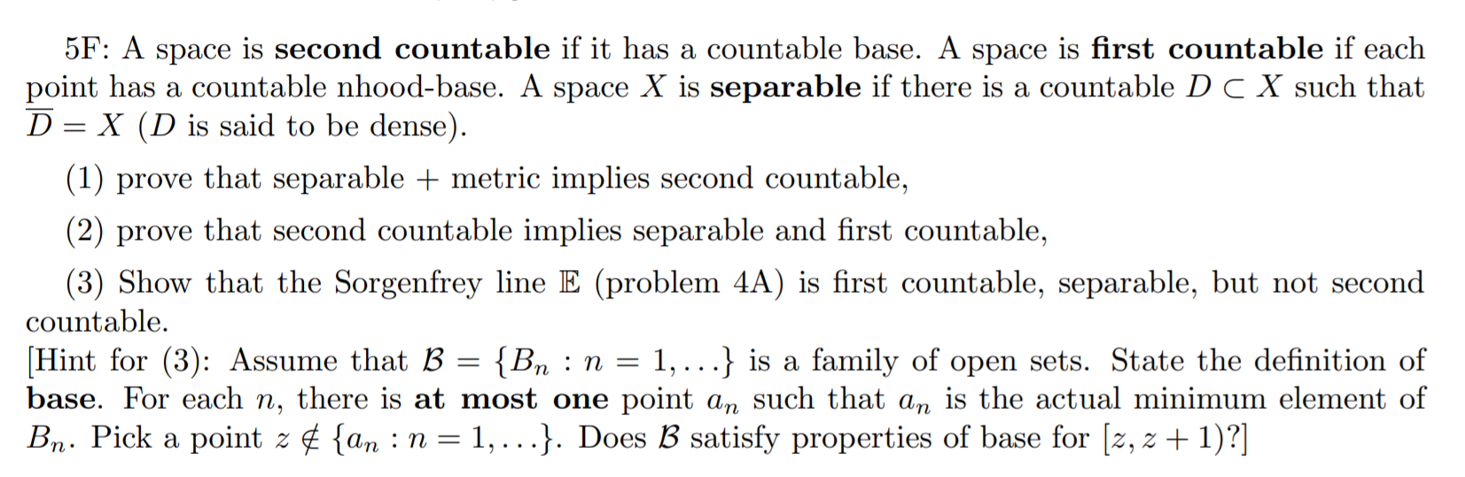 Solved 5F: A Space Is Second Countable If It Has A Countable | Chegg.com