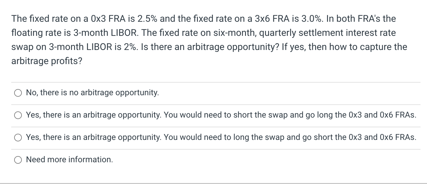 Solved The fixed rate on a 0×3 FRA is 2.5% and the fixed | Chegg.com