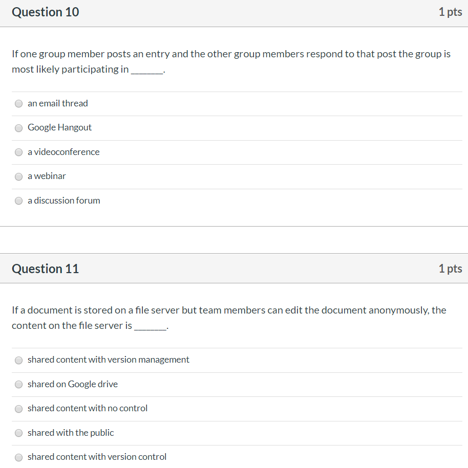 Solved Question 10 1 pts If one group member posts an entry | Chegg.com