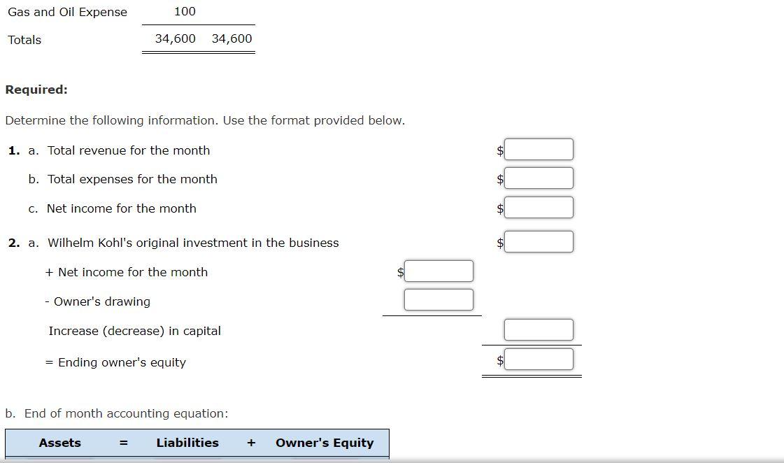 Solved Net and Change in Owner's Equity Wilhelm Kohl