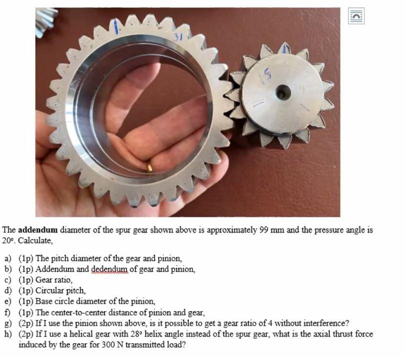Solved 33 s The addendum diameter of the spur gear shown