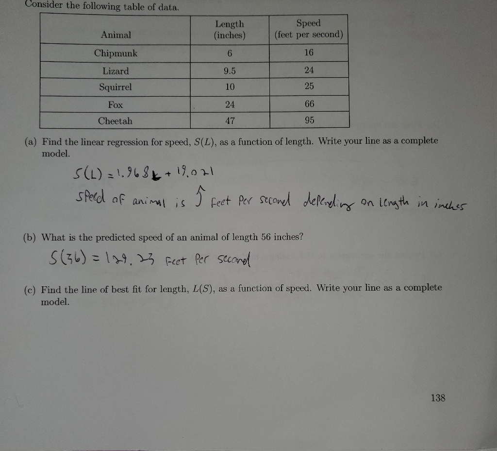 Solved (c) Find the line of best fit for length, L(S), as a | Chegg.com