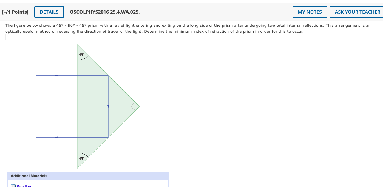 Solved (-/1 Points) DETAILS OSCOLPHYS2016 25.4.WA.025. MY | Chegg.com