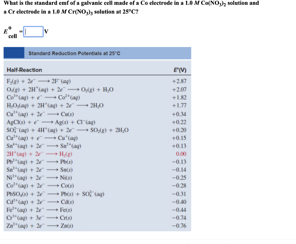 Solved What is the standard emf of a galvanic cell made of a